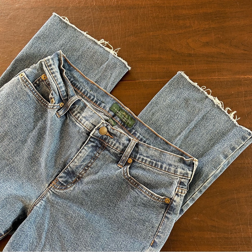 Vintage LRL Lauren Classic Bootcut Blue Jeans with cut raw hem Size 4 Y2K